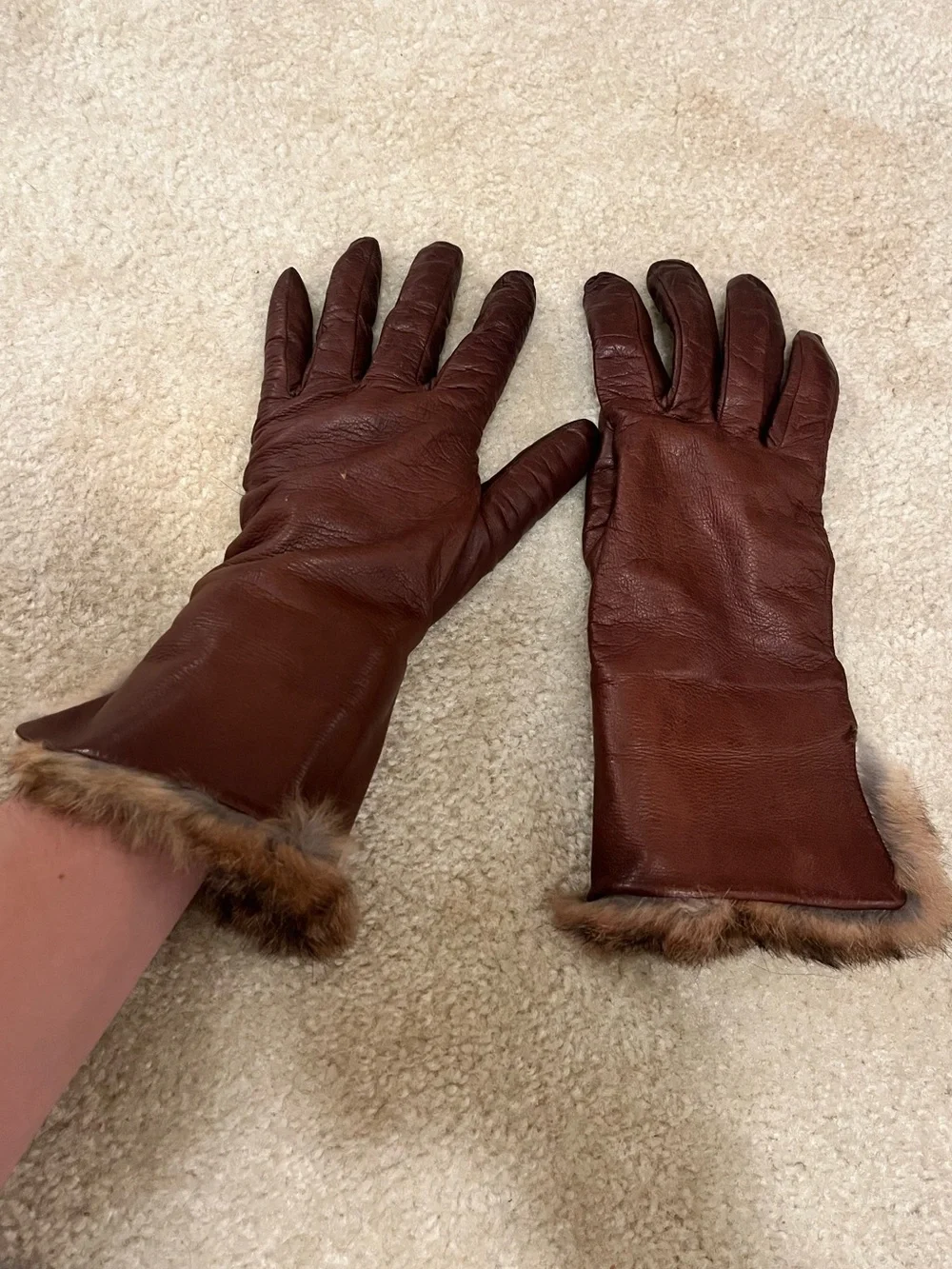 Vintage Brown Leather Gloves with Fur Trim - Women